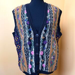 Vtg Lucia Sweater Vest XL Floral Embroidered 3D Knit 90s Granny Fairy Goblincore